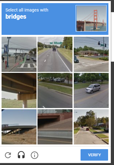 A screenshot of a reCAPTCHA challenge shows a grid of photos with instructions for the user to click any photos that include bridges. Icons below allow the user to refresh with a new set of images or hear an audio challenge instead. There is also a "Verify" button.