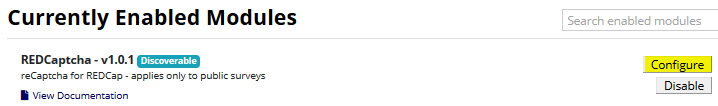 A screenshot from REDCap shows a listing for REDCaptcha with the version number, a tag that says "Discoverable" and a link to view documentation. Two buttons appear at right, "Configure" and "Disable."