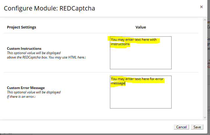 A screenshot from REDCap shows the REDCaptcha module configuration screen. Two textboxes allow the user to enter custom instructions or a custom error message, with sample text in each.