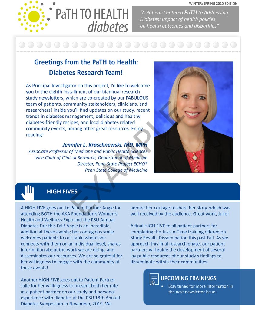 Example of a PDF or print newsletter with title Path to Health Diabetes, a top section with text and a person's headshot, and a bottom section with text on a darker background.