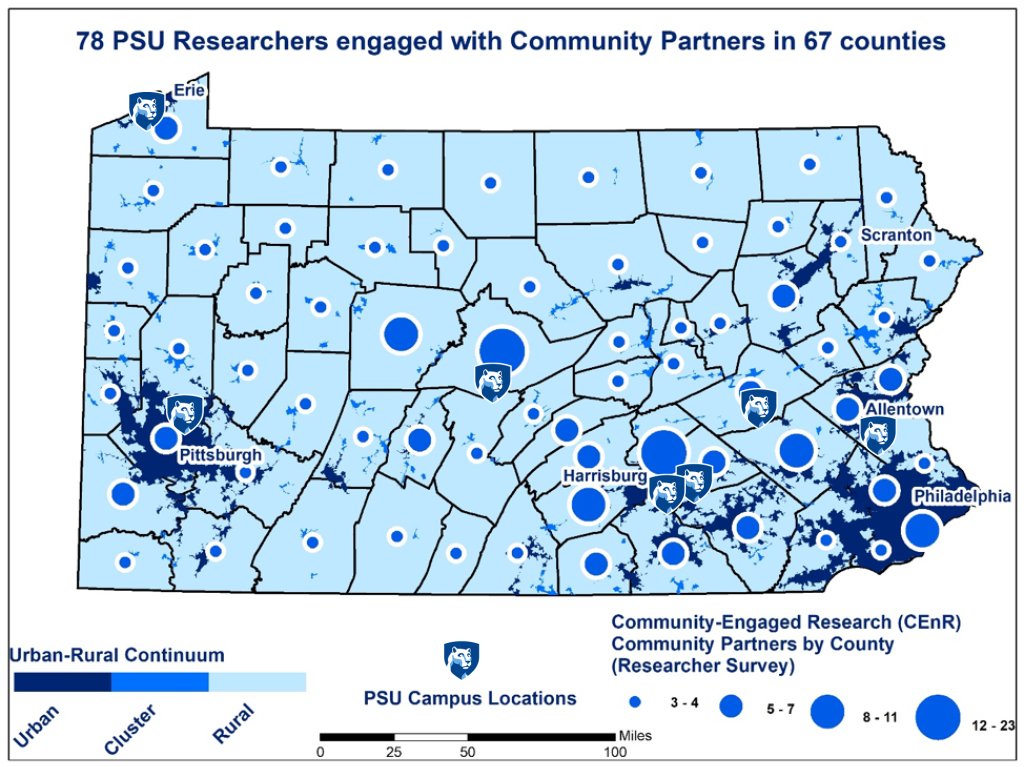 Map of Pennsylvania with Penn State shield logos where there are PSU campuses and dots of varying sizes where there are CEnR partners.