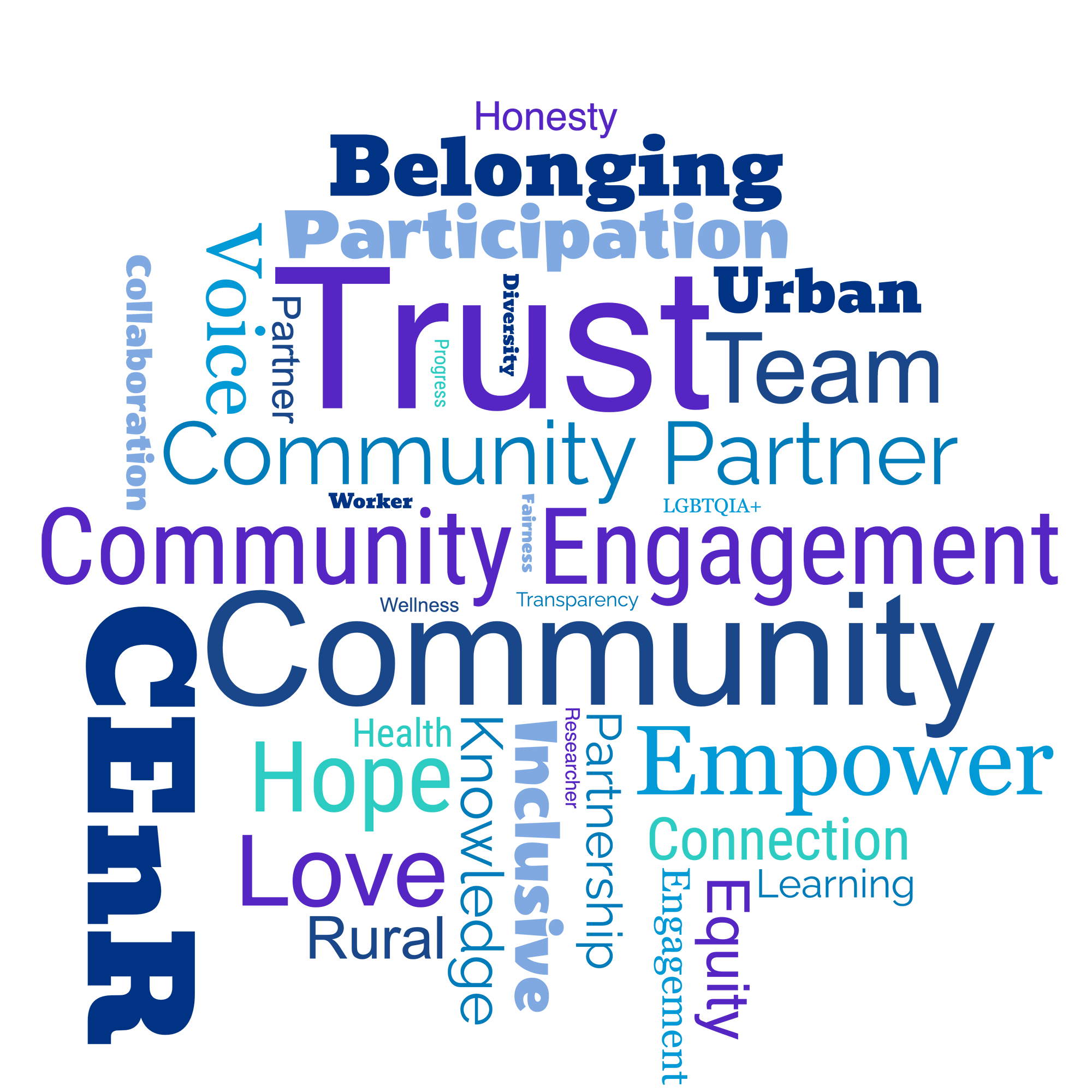 Word cloud with words including: Community, Community Engagement, Community Partner, CEnR, Trust, Belonging, Participation, Empower, Team.